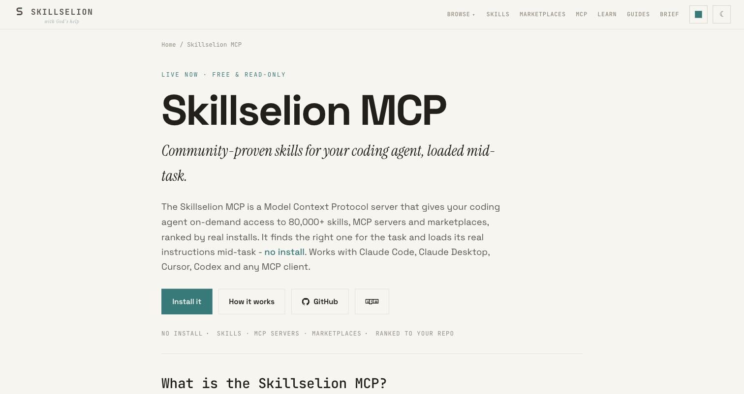 Seite des Skillselion MCP mit dem Einrichtungsbefehl und den vier Werkzeugen